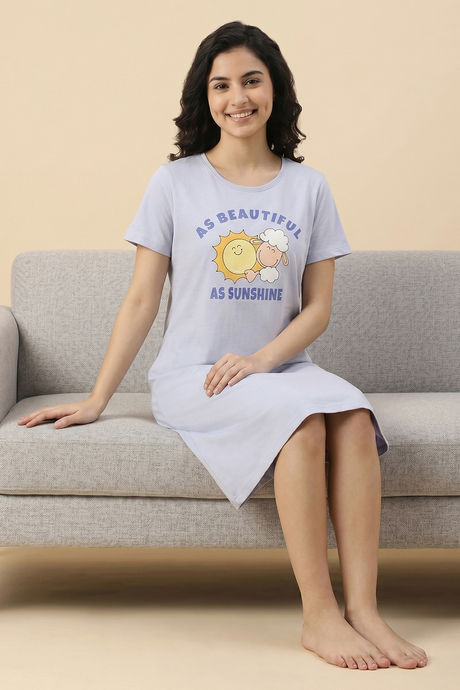 Zivame Farm Lore Knit Cotton Knee Length Nightdress - Xenon Blue — image 5
